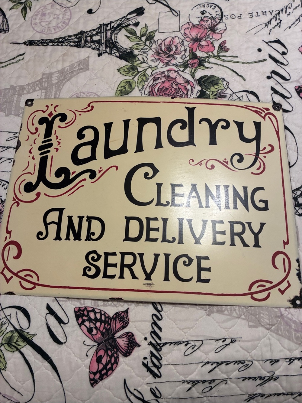LRG Metal Laundry Cleaning and Delivery Service Sign. Red Swirl Accents.
